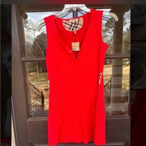 Burberry Red Sleeveless V-Neck Tank Dress with Check Trim
